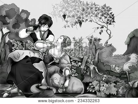 Pastoral. A Loving Couple Of Shepherd And Shepherdess On The Background Of Blooming Roses. Shepherd 