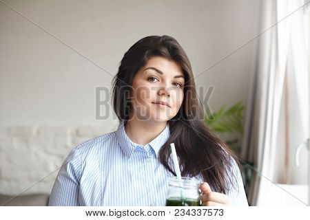 Health, Food, Nutrition And Weight Loss Concept. Close Up Shot Of Beautiful Chubby Brunette Female W