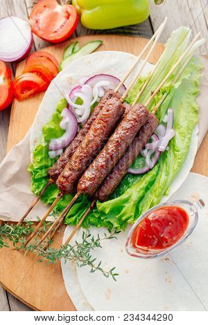 Fast Food. Eastern Food. Shish Kebab, Lyulya-kebab, Shaverma, Pita Gyros. Dishes Of Oriental Cuisine