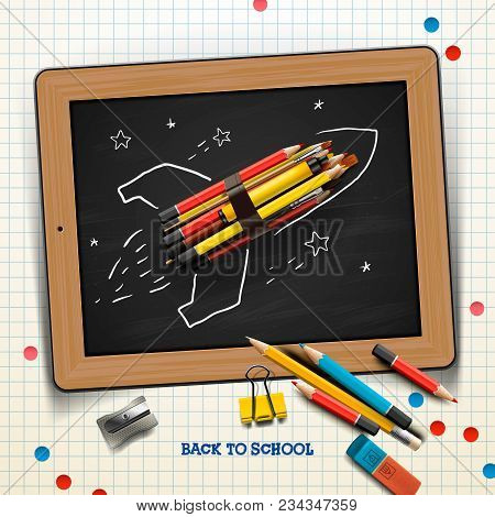 Back To School Concept With Rocket Made From Pencils Over Chalkboard Background, Vector Illustration