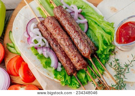 Fast Food. Eastern Food. Shish Kebab, Lyulya-kebab, Shaverma, Pita Gyros. Dishes Of Oriental Cuisine