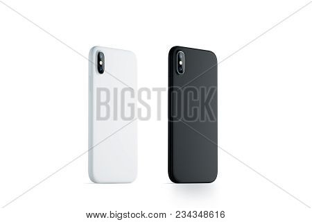 Blank Black And White Phone Case Mock Up, Stand Left Side Isolated, Empty Smartphone Side View Cover