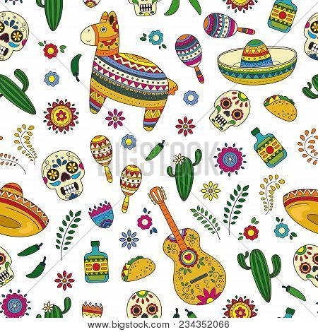 Cartoon Doodle Collection Objects For Cinco De Mayo Parade With Pinata, Maracas, Sambrero, Tequila, 
