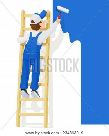 Painter At Stairs Paint Wall. Cartoon Character. People Occupation. Worker Service. Isolated White B