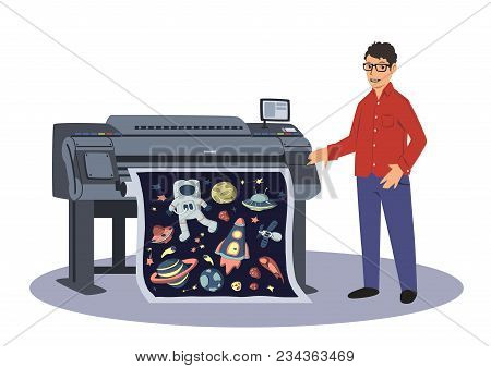 A Man Prints On A Large-format Plotter. Printing Worker. Vector Illustration, Isolated On White Back