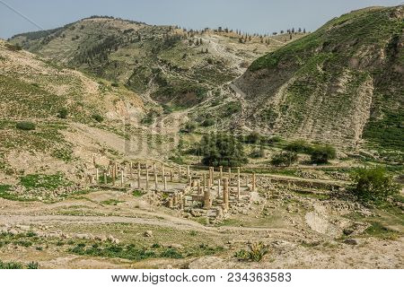 Pella Ruins Columns Near The Mountains, Jordan