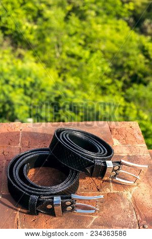 Fashion Luxury Snakeskin Leather Belts Outdoors. Python Belts On A Tropical Background. Indonesia, B