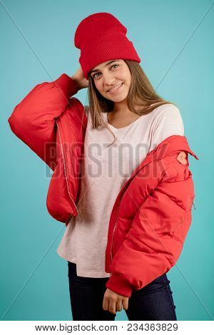 Stylish Female In Beautiful Lined Jacket Is Posing To The Camera. Expensive Coat .ski Jacket. Show J