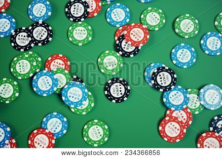 3d Illustration Playing Chips, Cards And Money For Casino Game On Green Table. Real Or Online Casino