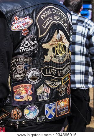Podebrady, Czech Republic - March 31, 2018: Embroidery On The Back Of A Biker Jacket In A Gathering 