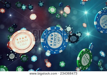 3d Illustration Falling Casino Chips With Shiny Background. Casino Concept, Poker Chips.
