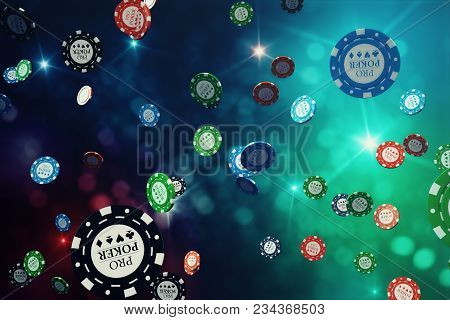 3d Illustration Falling Casino Chips With Shiny Background. Casino Concept, Poker Chips.