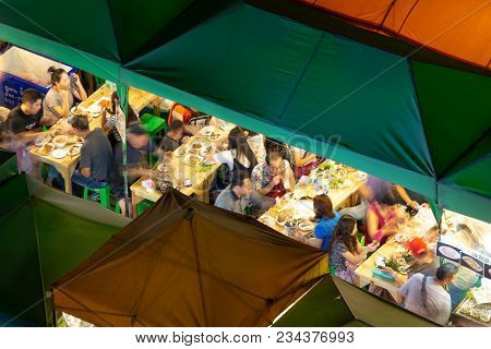 Bangkok, Thailand - 18 February 2018 : Colorful Food Stalls At 