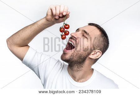 This Is How Vegan Like Raw And Good Farmer Vegetables. Man Is Holding A Ramus Of Ripe And Red Small 
