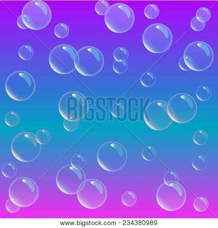 Water Soap Bubbles On Blue And Pink Background. Vector Illustration. Realistic Soap Bubbles Backgrou