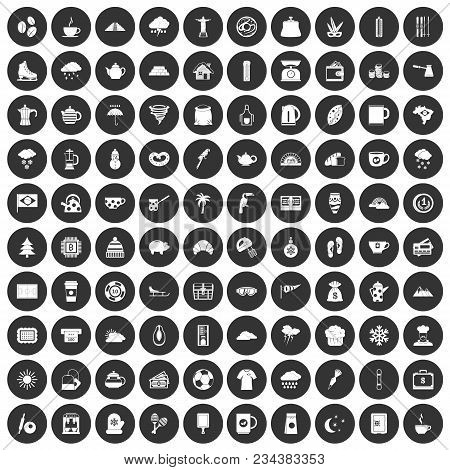 100 Coffee Cup Icons Set In Simple Style White On Black Circle Color Isolated On White Background Ve