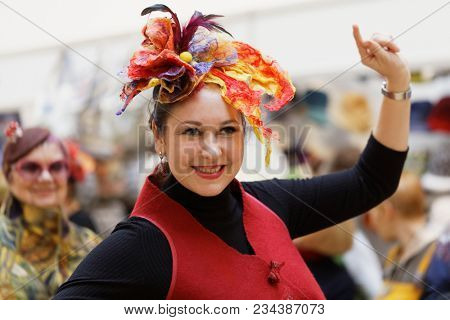 SAINT-PETERSBURG, RUSSIA - MARCH 22, 2018: Hats fashion show of the exhibition Craft Bazaar during TeddyFun 2018. The exhibition is held seasonally since 2011