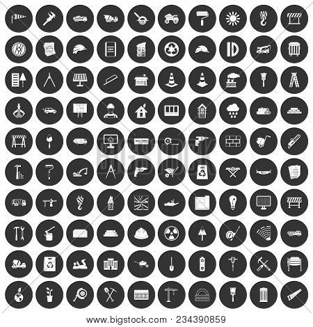 100 Construction Site Icons Set In Simple Style White On Black Circle Color Isolated On White Backgr