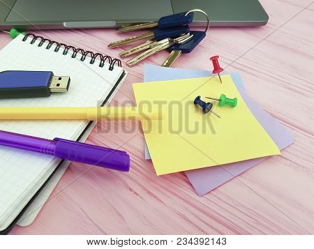 Pushpin Notepad Office Layout, Stationery, Writing, Laptop, Pink Wooden, Flash Drive