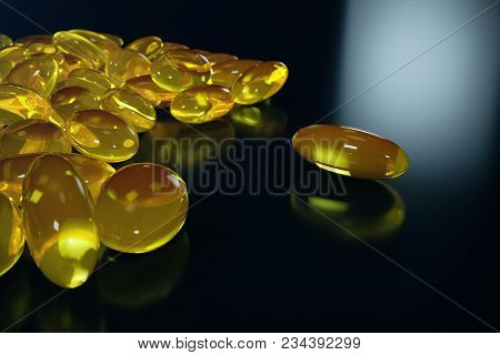 3d Rendering Fish Oil. Omega 3, Omega 6, Omega 9, Vitamin D. Pile Of Capsules Omega 3 On Black Backg