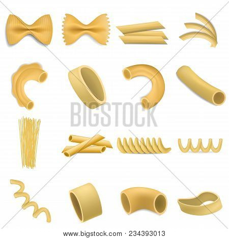 Fusilli Pasta Penne Mockup Set. Realistic Illustration Of 16 Fusilli Pasta Penne Mockups For Web