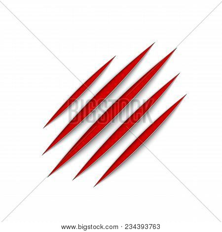 Red Claws Animal Scratch Scrape Track. Cat Or Tiger Scratches Paw Shape. Four Nails Trace. Vector Il