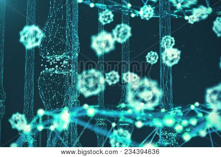 Blue Glowing Synapse. Artificial Neuron In Concept Of Artificial Intelligence. Synaptic Transmission