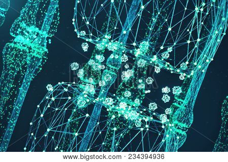 Blue Glowing Synapse. Artificial Neuron In Concept Of Artificial Intelligence. Synaptic Transmission