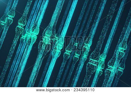 3d Rendering Blue Glowing Synapse. Artificial Neuron In Concept Of Artificial Intelligence. Synaptic