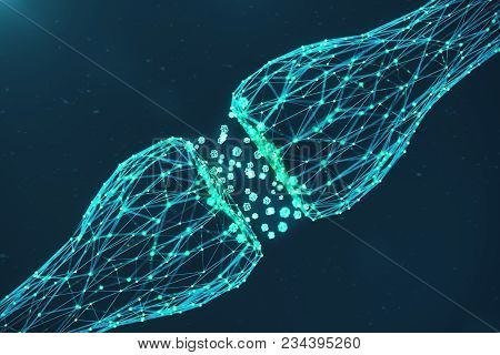 3d Rendering Blue Glowing Synapse. Artificial Neuron In Concept Of Artificial Intelligence. Synaptic