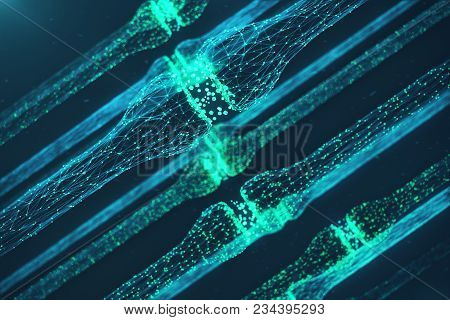 3d Rendering Blue Glowing Synapse. Artificial Neuron In Concept Of Artificial Intelligence. Synaptic