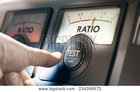 Man Pushing An Acid Test Button To Measure Financial Liabilities Of A Company Or Organization. Compo