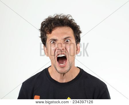 Angry Man Screaming At Somebody On Black T-shirt