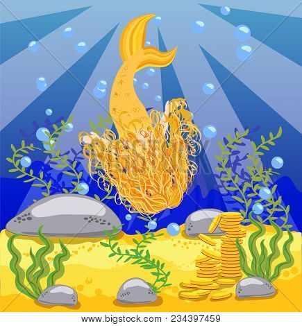 Vector Background With An Underwater World In A Children's Style. A Mermaid Is Sitting On A Rock.