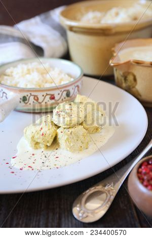 Chicken Fricassee With Rice In Ceramic Dish, Rustic Style