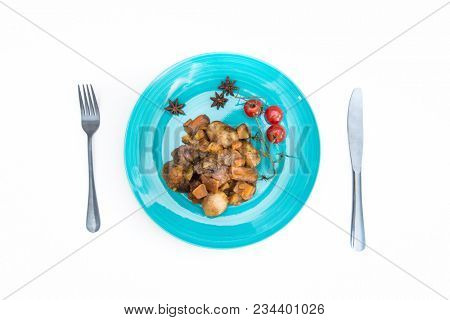 Beef meat stewed with potatoes-Traditional French cuisine Beef Bourguignon potatoes carrots in persillade