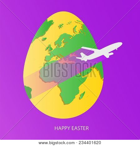 Easter Egg With Green World Map. Yellow Planet Earth In Form Of Egg On Bright Purple Background With
