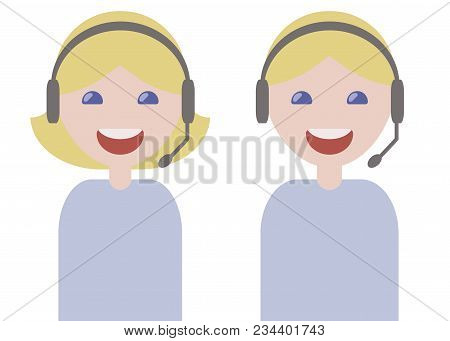 Girl And Guy Operators Headphones Microphone Smiling Blondes In Blue Light T-shirts Customer Service