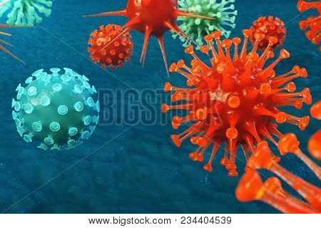 3d Illustration Pathogenic Viruses Causing Infection In Host Organism. Viral Disease Epidemic. Virus