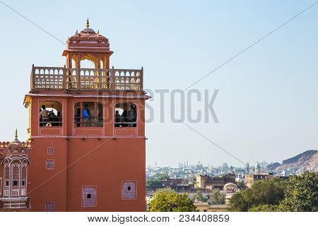 Jaipur, India - January 10, 2018: Tower Hawa Mahal Is A Palace In Jaipur, India. It Is Constructed O