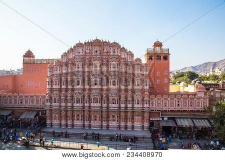 Jaipur, India - January 10, 2018: Hawa Mahal Is A Palace In Jaipur, India. It Is Constructed Of Red 