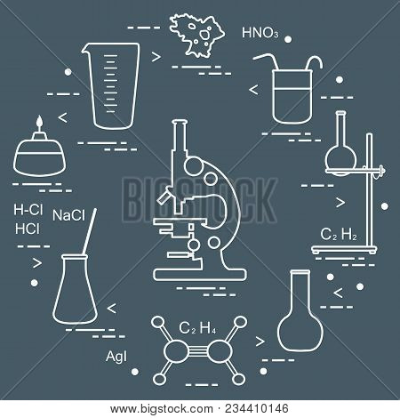 Chemistry Scientific, Education Elements: Microscope, Flasks, Tripod, Formulas, Beaker, Burner, Amoe