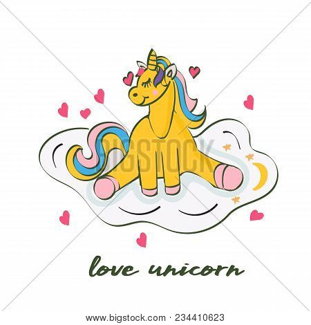 Cute Unicorn Greeting Card. Magical Unicorn Vector Poster. Sticker For Baby Room