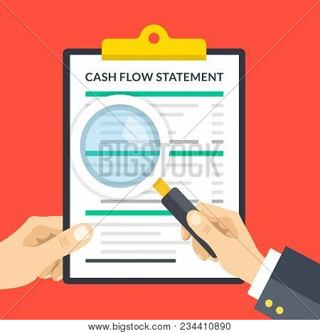 Hand Holding Cash Flow Statement Clipboard, Hand Holding Magnifying Glass. Clipboard With Financial 