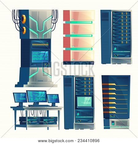 Vector Set Of Various Cartoon Control Room, Server Racks, Database, Data Center. Hosting, Networking