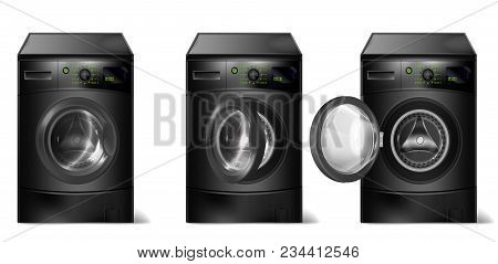 Vector Set Of 3d Realistic Black Washing Machines, Compact Washer With Front-loader, With Open And C