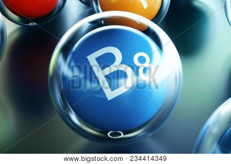 Vitamin B8 On Black Background. Symbol Of Health And Longevity. 3d Rendering