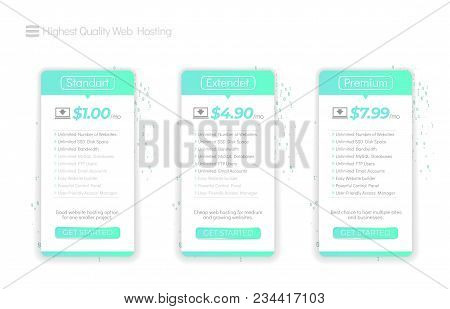 Web Hosting Boxes. Hosting Plans For Website. Three Tariffs. Vector Illustration.