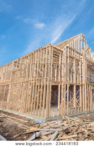 Close-up Wooden Timber Frame House In Irving, Texas, Usa