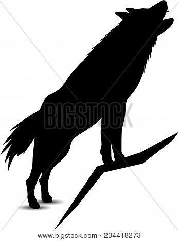 Silhouette Of Howling Wolf In Black Tones.